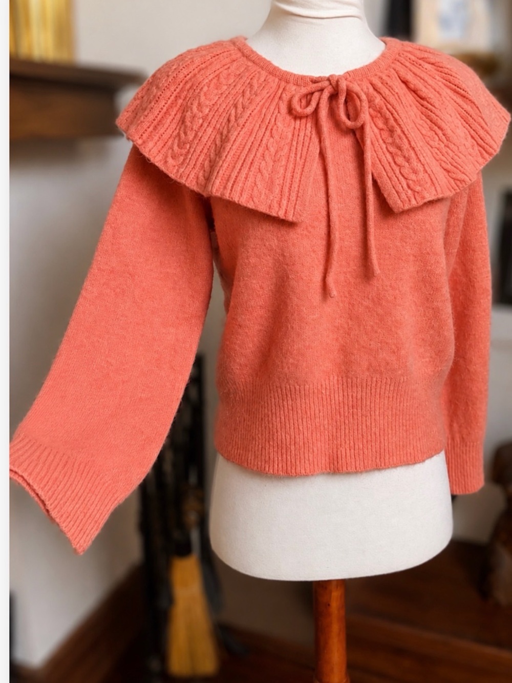 Calligraphie Coral Pink Cape Collar Knit Sweater Medium Wool Blend Tie Neck